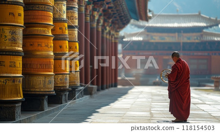 A solitary monk in red robes contemplates a prayer wheel against a backdrop of ornate yellow prayer wheels and traditional architecture 118154503