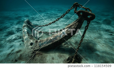 Underwater view of a rusted ship anchor chain resting on the sandy ocean floor, surrounded by turquoise waters in a marine environment 118154509
