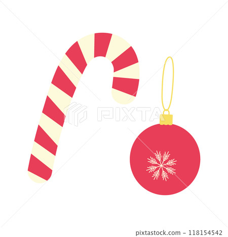 Striped Candy Cane and red Christmas ball on gold thread. Set of 2 isolated New Year design elements Striped Candy Cane and red Christmas ball on gold thread. Set of 2 isolated New Year design elements 118154542