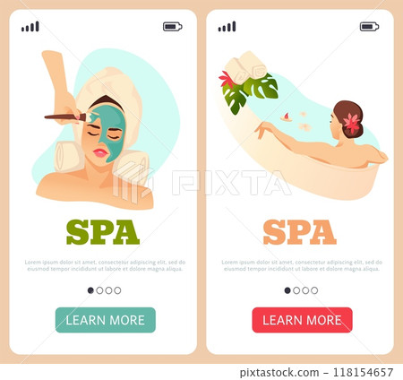 Women in spa. Beauty salon. Cosmetic procedure. Skincare and treatment. Smartphone onboarding. Aromatherapy relaxing bath. Female relaxation. Phone application interfaces vector set Women in spa. Beauty salon. Cosmetic procedure. Skincare and treatment. Smartphone onboarding. Aromatherapy relaxing bath. Female relaxation. Phone application interfaces vector set 118154657