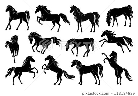 Horse silhouette. Black and white rearing stallion, wild mustang. Equestrian animal race, farm speed. Mustang jumping running, trotting. Vector icon, logo isolated illustration set Horse silhouette. Black and white rearing stallion, wild mustang. Equestrian animal race, farm speed. Mustang jumping running, trotting. Vector icon, logo isolated illustration set 118154659