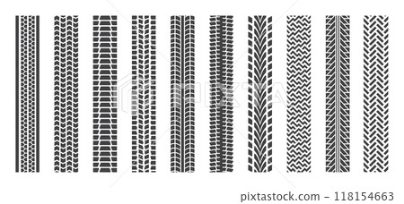 Tire track. Wheel tread pattern, car truck or tractor brand of motorcycle or bicycle. Black road print, soil. Vector motocross rally texture, automobile trace ornament isolated silhouette set 118154663