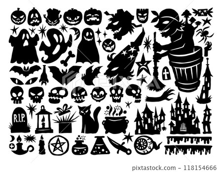 Halloween icons. Pumpkin, ghost and scull silhouette elements with spooky witch, creepy bat and mystery tree, web spider. Scary tombstone and potion. Decorative sticker. Vector illustration 118154666