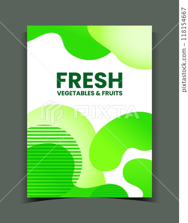 Fresh vegetables and fruits. Bright green vertical banner, poster with organic dynamic form. Abstract flyer graphic design. Geometric stains and lines, liquid fluid. Vector minimal background 118154667