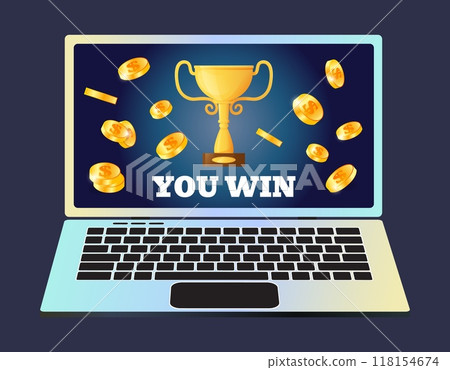 Winner award. Gold coins. Casino money winning. Computer screen. Online gambling. Golden victory cup. Lottery jackpot. Laptop keypad. Success achievement. Financial profit. Vector concept Winner award. Gold coins. Casino money winning. Computer screen. Online gambling. Golden victory cup. Lottery jackpot. Laptop keypad. Success achievement. Financial profit. Vector concept 118154674