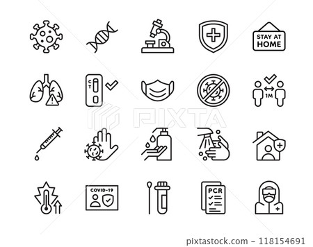 Covid-19 icons. Corona virus safety. Medical treatment. Health care. Medicine symbols. Flu disease symptoms. Coronavirus check. People wash hands. Science research. Vector line strokes set 118154691