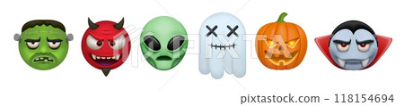 Halloween characters. 3d emoji monster, vampire and cute zombie costume, face emoticon expression. Funny ghost and spooky pumpkin, creepy alien and devil head. Vector isolated cartoon elements 118154694