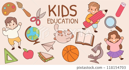 School kids. Child students, cute children book and pencil. Japanese study and science learn sketch. Basketball ball and globe. Stationery for boys and girls. Vector icons cartoon flat set School kids. Child students, cute children book and pencil. Japanese study and science learn sketch. Basketball ball and globe. Stationery for boys and girls. Vector icons cartoon flat set 118154703