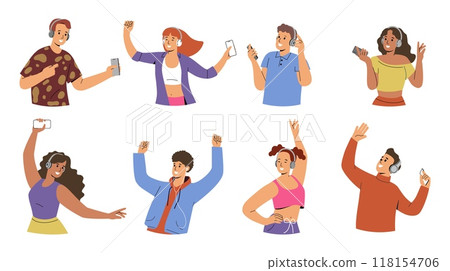 People listen music. Happy person dance with phone, teenage girl or man with smartphone, young woman dancing. Boy in headphones hold smartphone. Vector cartoon flat isolated characters set 118154706