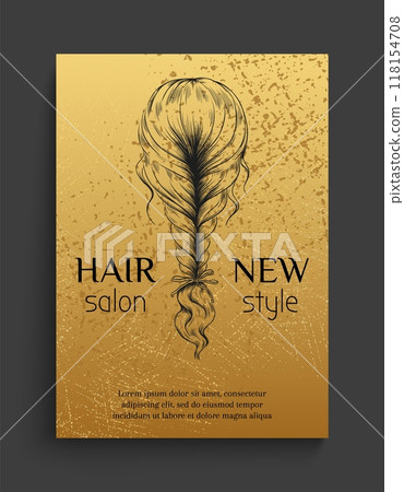 Hair sketch. Hairstyle salon. Female head. Woman braid. Beauty treatment shop. Cosmetic spa service. Marketing promotion flyer engraving design. Vector hairdressing banner template Hair sketch. Hairstyle salon. Female head. Woman braid. Beauty treatment shop. Cosmetic spa service. Marketing promotion flyer engraving design. Vector hairdressing banner template 118154708