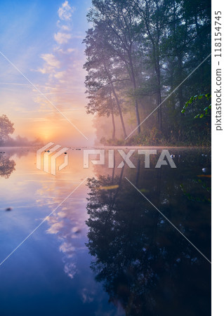 calm lake with fog during sunrise calm lake with fog during sunrise 118154745