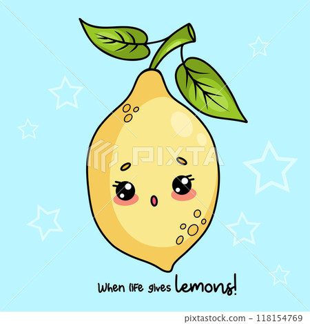 Cute surprised Yellow Lemon. Card with cartoon funny kawaii fruit character. Vector illustration Cute surprised Yellow Lemon. Card with cartoon funny kawaii fruit character. Vector illustration 118154769