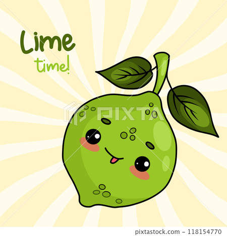 Cute green lime. Cool card with cartoon funny kawaii fruit character. Vector illustration. 118154770