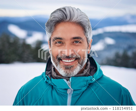 Winter Portrait of Happy Handsome Man Smiling Outdoors 118154951