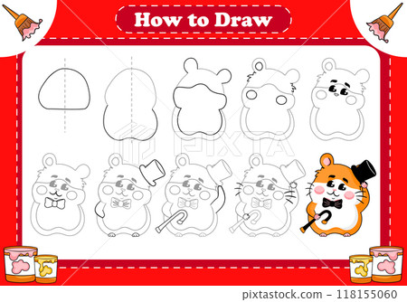 Step-by-step tutorial for kids to draw a charming hamster character tipping his hat 118155060