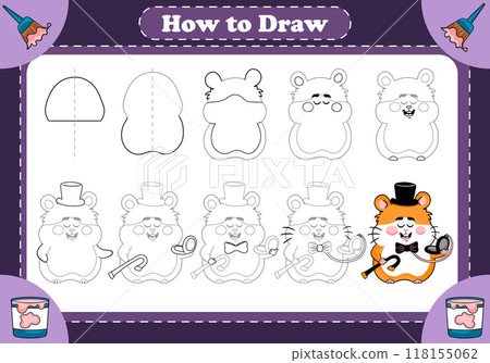 Step-by-step guide how to draw hamster gentleman gazing at pocket watch 118155062