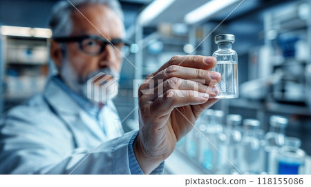 A male scientist closely examining a vial in a modern laboratory environment 118155086