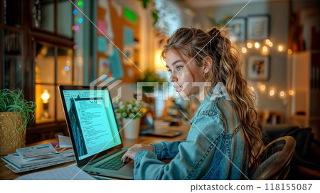 A young woman working on her laptop in a cozy, decorated home office 118155087