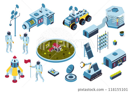 Space colonization 3d isometric mega set in isometry graphic design. Collection elements of astronauts, research science station, rockets, satellites, robot rover, bunker, other. Vector illustration. Space colonization 3d isometric mega set in isometry graphic design. Collection elements of astronauts, research science station, rockets, satellites, robot rover, bunker, other. Vector illustration. 118155101