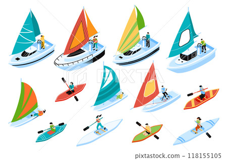 Regatta 3d isometric mega set in isometry graphic design. Collection elements of different types sailing boats, sport motor ships, yachts, surfboards, windsurfing boards, other. Vector illustration. 118155105