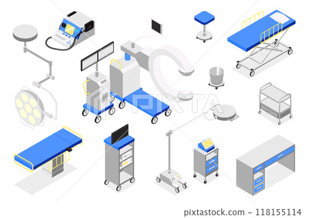 Operating room 3d isometric mega set in isometry graphic design. Collection elements of couch, lamp, monitoring system, tables, stretcher, x-ray, surgery equipment, other tools. Vector illustration. Operating room 3d isometric mega set in isometry graphic design. Collection elements of couch, lamp, monitoring system, tables, stretcher, x-ray, surgery equipment, other tools. Vector illustration. 118155114