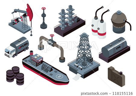 Oil production 3d isometric mega set in isometry graphic design. Collection elements of oil rig, pump, valve pipe, barrels, fuel truck, tanker ship, canister storage and other. Vector illustration. 118155116