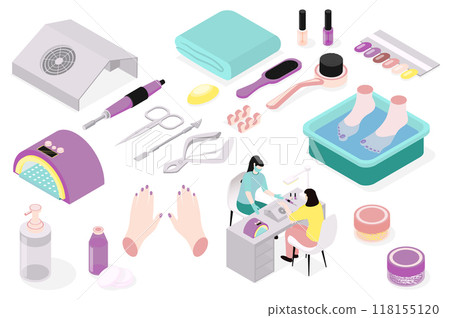 Manicure salon 3d isometric mega set in isometry graphic design. Collection elements of lamp, scissors, brush, towel, nail polish, color samples, hands, manicurist, other tools. Vector illustration. 118155120