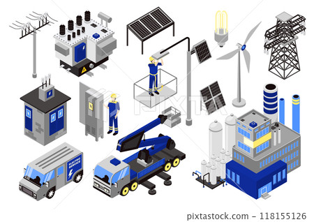 Electricity 3d isometric mega set in isometry graphic design. Collection elements of power line, transformer station, solar panels, wind turbine, electricians, fitters, other. Vector illustration. 118155126