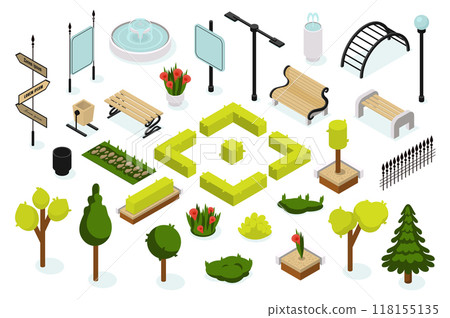 City park constructor 3d isometric mega set in isometry graphic design. Collection elements of fountain, road pointing, banner, benches, trash can, trees, plants, fences, other. Vector illustration. 118155135