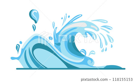 Flat vector illustration of an ocean wave in shades of blue the wave seems to rise and crash creating a dynamic water scene with splashes 118155153