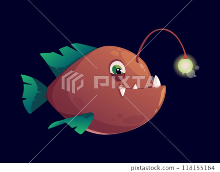 Flat vector illustration of a deep sea angler fish character design with a glowing lure and sharp teeth. The fish has big eyes and green fins against a dark blue background Flat vector illustration of a deep sea angler fish character design with a glowing lure and sharp teeth. The fish has big eyes and green fins against a dark blue background 118155164