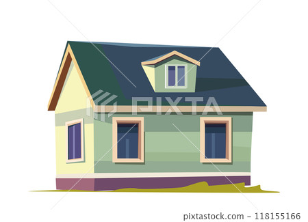 Small green house flat vector illustration showing a cozy dwelling with a triangular roof and a window dormer. The simple and clean design emphasizes shades of green and yellow. Small green house flat vector illustration showing a cozy dwelling with a triangular roof and a window dormer. The simple and clean design emphasizes shades of green and yellow. 118155166