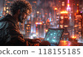 A man working on a laptop in a futuristic setting with vibrant city lights 118155185
