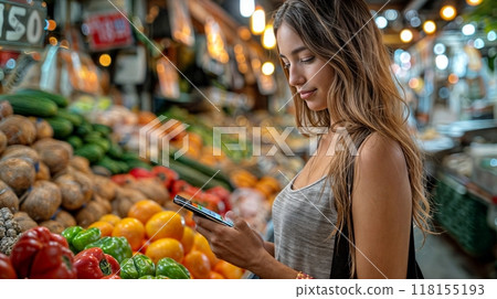 A woman shopping for fresh produce in a vibrant market, holding her phone while choosing vegetables 118155193