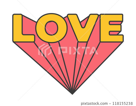A flat vector illustration of the word love in bold yellow text with a pink geometric heart shape in the background 118155238