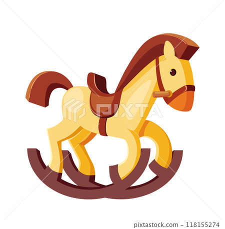 Rocking horse flat vector illustration featuring a traditional toy for kids with a saddle wooden entertainment piece for playtime and fun activities suitable for children Rocking horse flat vector illustration featuring a traditional toy for kids with a saddle wooden entertainment piece for playtime and fun activities suitable for children 118155274