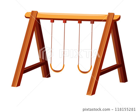 A wooden swing set designed for children presented in a flat vector illustration format against a plain white background A wooden swing set designed for children presented in a flat vector illustration format against a plain white background 118155281