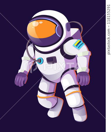 Astronaut character in a space suit floating among the stars in the dark void of space flat vector illustration bright colors and a sense of exploration and adventure Astronaut character in a space suit floating among the stars in the dark void of space flat vector illustration bright colors and a sense of exploration and adventure 118155291