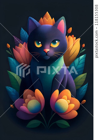 A vibrant cat illustration surrounded by colorful flowers and leaves, showcasing a unique art style with striking colors and details 118155308
