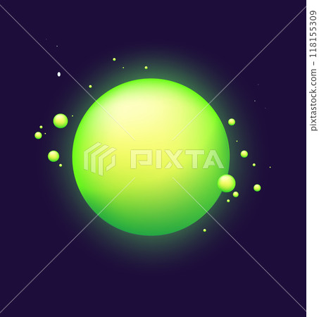 A flat vector illustration of a glowing green planet in space surrounded by smaller orbiting spheres on a dark purple background 118155309