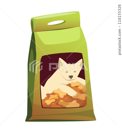 Bag of dog food featuring a cartoon dog graphic with various dog biscuits a flat vector illustration depicting pet food packaging Bag of dog food featuring a cartoon dog graphic with various dog biscuits a flat vector illustration depicting pet food packaging 118155326