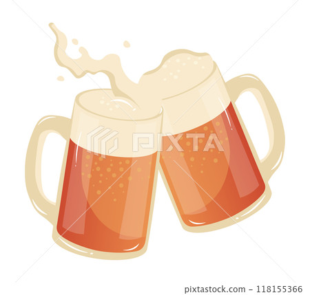 This image showcases two frothy beer glasses clinking together spilling out a bit of liquid in celebration flat vector illustration This image showcases two frothy beer glasses clinking together spilling out a bit of liquid in celebration flat vector illustration 118155366
