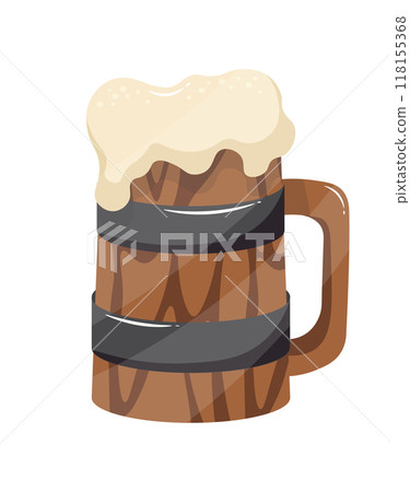 Wooden beer mug with foam in flat vector illustration style perfect for german oktoberfest celebrations or a medieval festival vibe nice rustic design 118155368