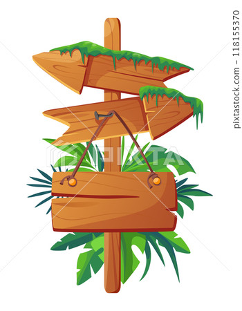 Flat vector illustration of wooden direction signs with moss for tropical location isolated on white background vector illustration 118155370
