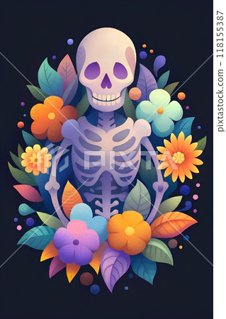 A colorful skeleton surrounded by vibrant flowers against a dark background in a whimsical art style A colorful skeleton surrounded by vibrant flowers against a dark background in a whimsical art style 118155387
