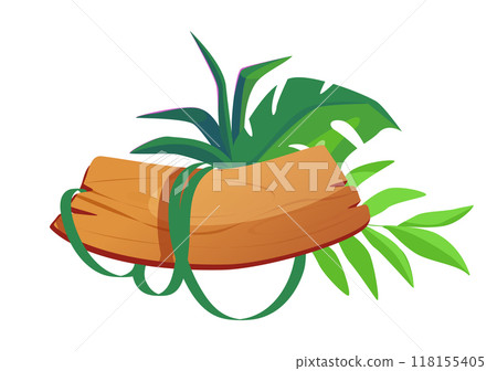 Wooden basket with tropical plants and long green leaves flat vector illustration isolated on white background Wooden basket with tropical plants and long green leaves flat vector illustration isolated on white background 118155405