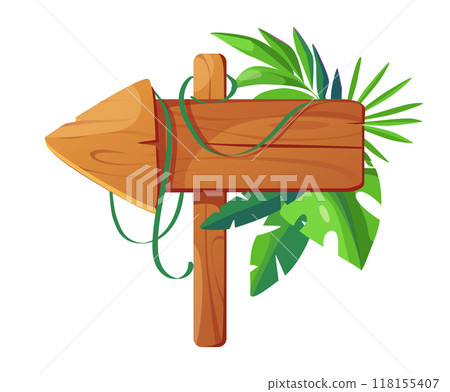Wooden arrow sign with green leaves flat vector illustration the sign is pointing to the left representing direction or path in nature jungle or tropical forest isolated on white background Wooden arrow sign with green leaves flat vector illustration the sign is pointing to the left representing direction or path in nature jungle or tropical forest isolated on white background 118155407