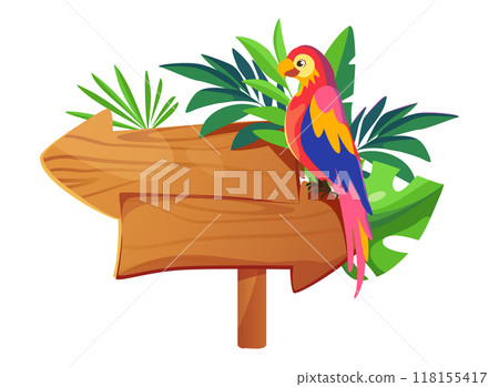Colorful parrot sitting on a wooden sign post surrounded by tropical leaves in a jungle scenic flat vector illustration bright and vibrant colors 118155417