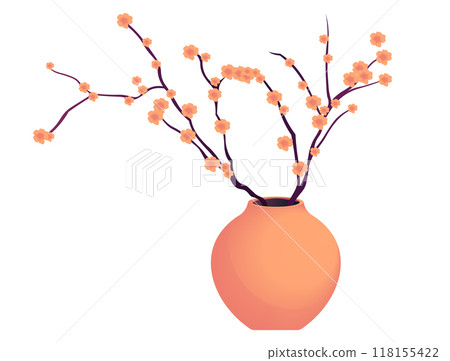 Orange vase with delicate flower branches flat vector illustration vibrant arrangement of flowers in an orange vase captured in a minimalist flat vector design Orange vase with delicate flower branches flat vector illustration vibrant arrangement of flowers in an orange vase captured in a minimalist flat vector design 118155422