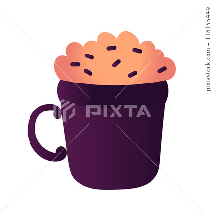 Hot drink in a mug topped with frothy cream in a sleek flat vector illustration suitable for various design projects and creative presentations Hot drink in a mug topped with frothy cream in a sleek flat vector illustration suitable for various design projects and creative presentations 118155449